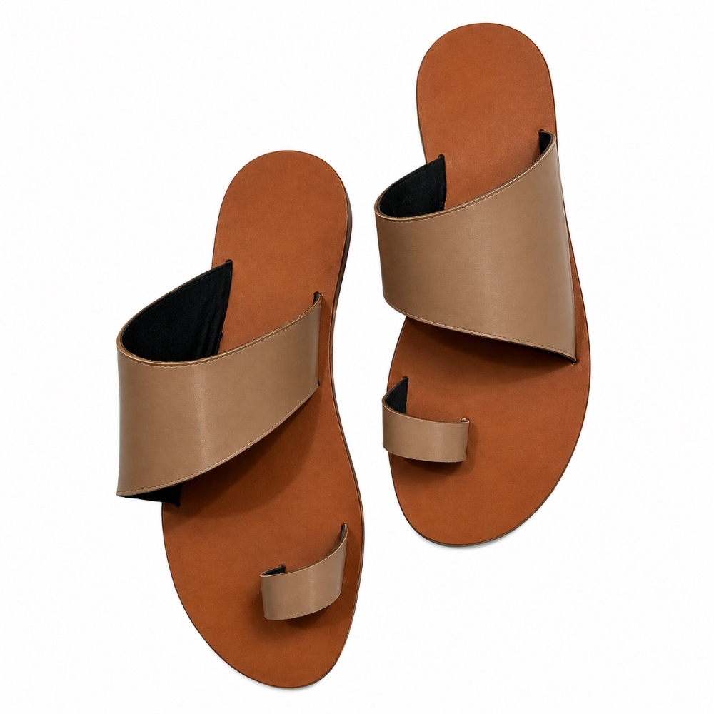 Beige Toe-Loop Leather Sandals