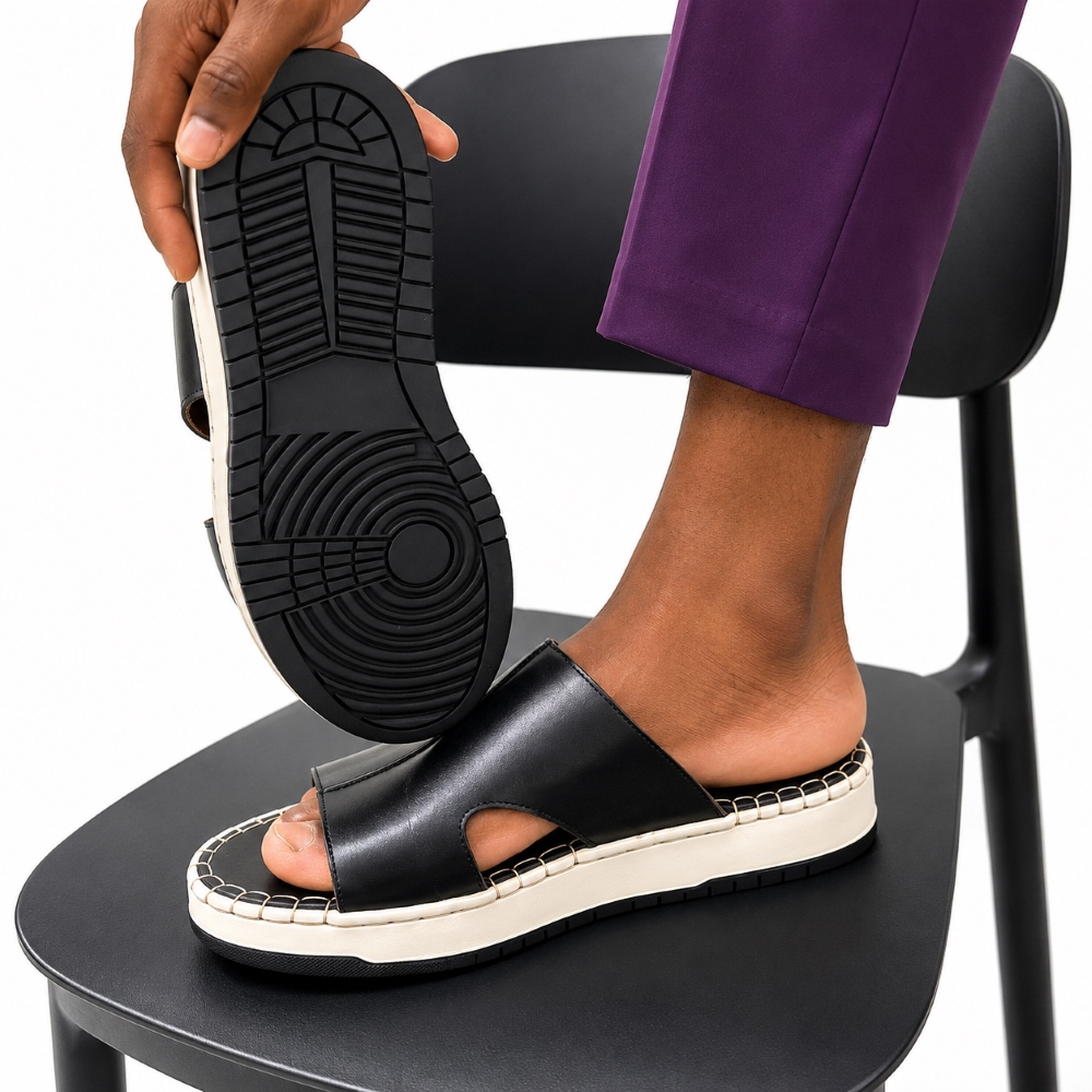 Black Leather Slide Sandals